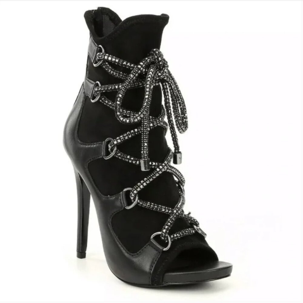 STEVE MADDEN Seductive Strappy Rhinestone Lace-Up Dress Leather Booties Size 7